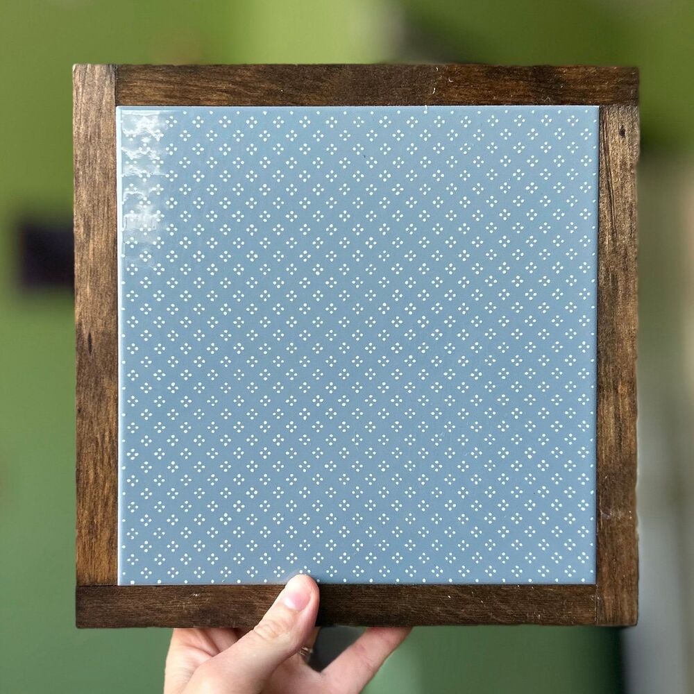 VTG Blue Farmhouse Style Cottagecore Large Wood Framed Ceramic Trivet